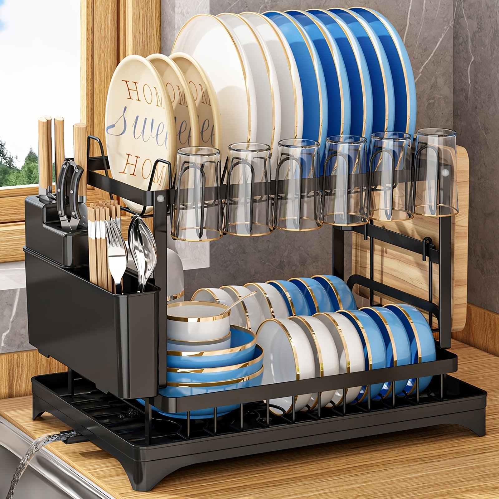 0290767802611d232b74585d32ea02ef.jpg 1 Set Dish Rack. 2 Tier Dish Drying Rack. Rustproof Kitchen Dish Drying Rack With Drainboard And Utensil Holder For Kitchen Countertop. Kitchen Accessories - Image 1