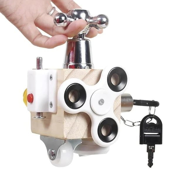 66b710e5a8a61133a40e6ad6bba7bd47912a9c852fded33c36593930e850be42.jpg Wooden Busy Block Activity Cube - Image 1